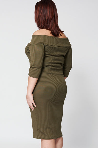 Ribbed Off The Shoulder Dress in Khaki Green Ex-Branded