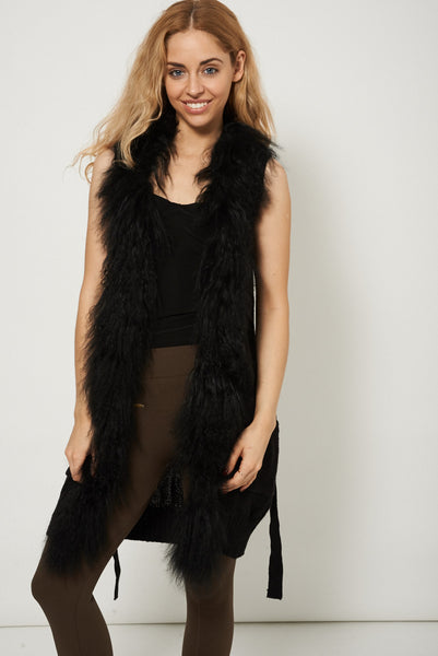 Sleeveless Chunky Knitted Black Furry Cardigan