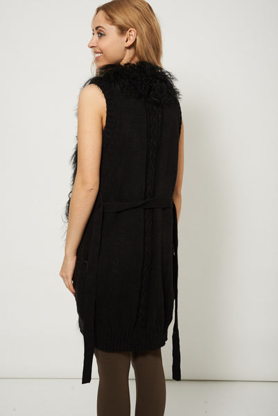 Sleeveless Chunky Knitted Black Furry Cardigan