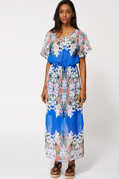 Floral Flowy Draped Sleeve Sheer Maxi Dress