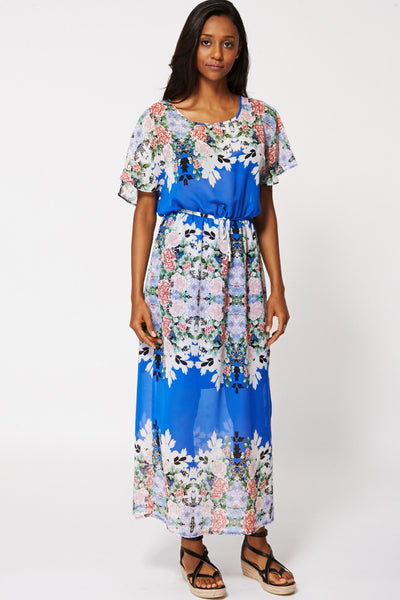 Floral Flowy Draped Sleeve Sheer Maxi Dress