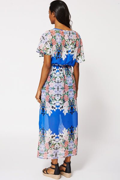 Floral Flowy Draped Sleeve Sheer Maxi Dress