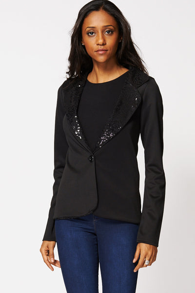 Elegant Black Sequin Flap Blazer