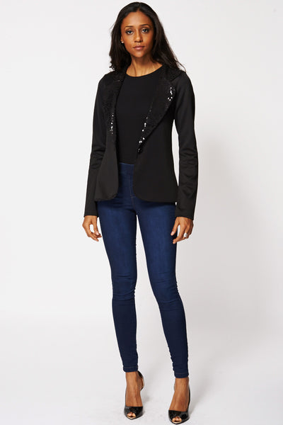 Elegant Black Sequin Flap Blazer