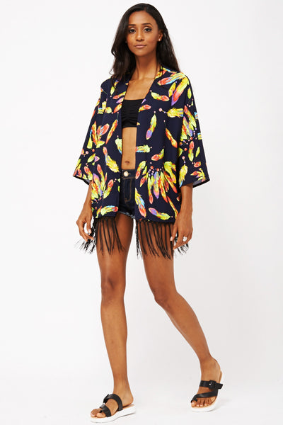 Feather Print Fringed Kimono