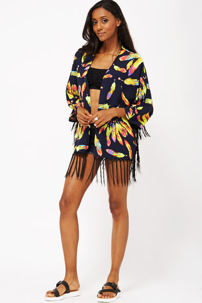 Feather Print Fringed Kimono