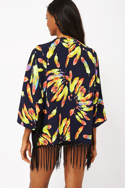 Feather Print Fringed Kimono