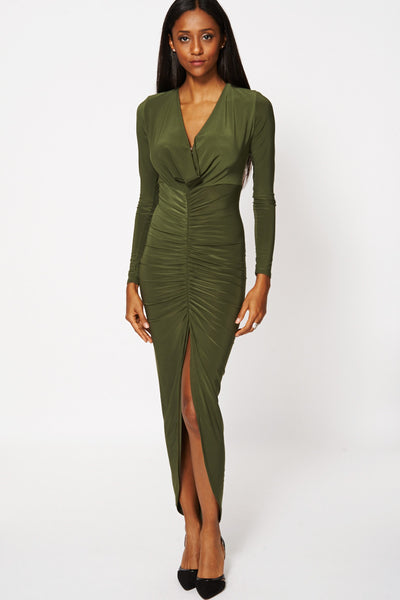 Plunge Ruched Midi Dress