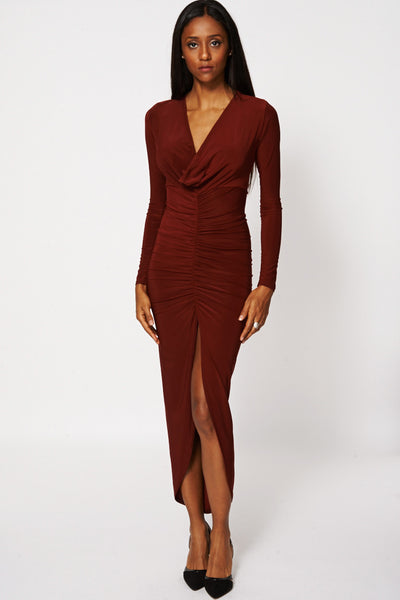 Plunge Ruched Midi Dress