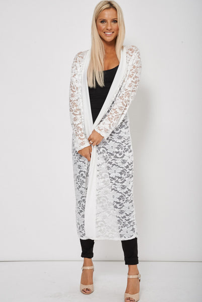 Crochet Effect Long Open Front Cardigan