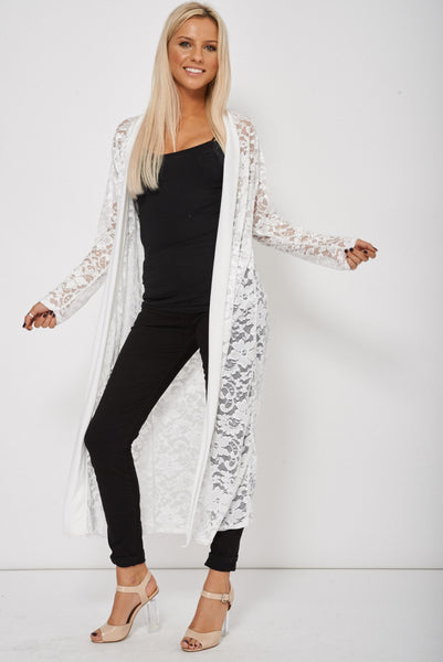 Crochet Effect Long Open Front Cardigan