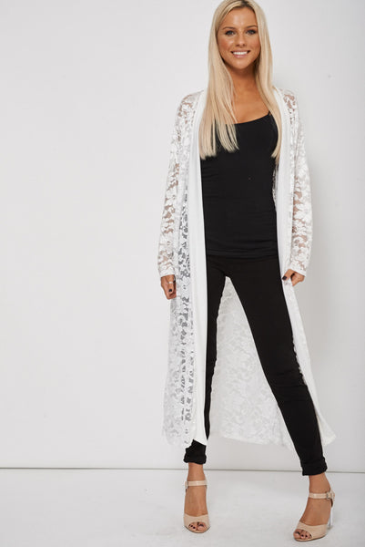 Crochet Effect Long Open Front Cardigan