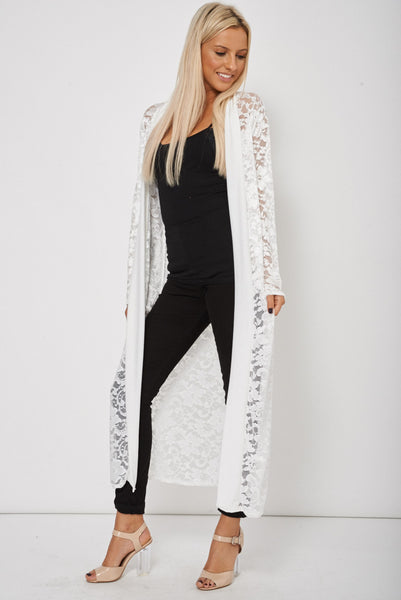 Crochet Effect Long Open Front Cardigan