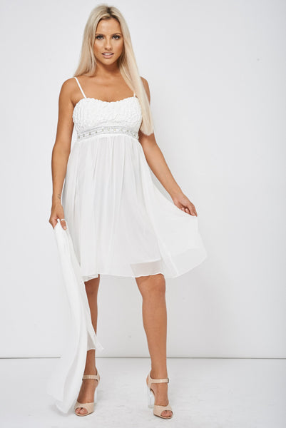 Cream Diamante Pleated Party Dress