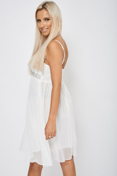 Cream Diamante Pleated Party Dress