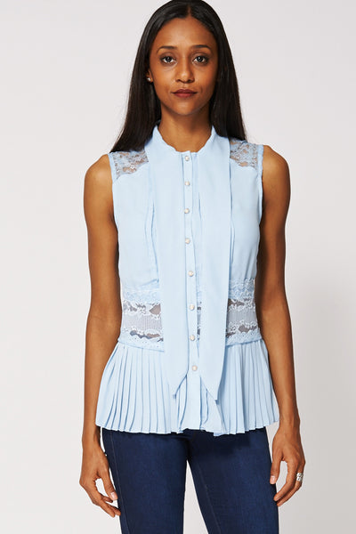 Blue Pleated Blouse with Lace Inserts