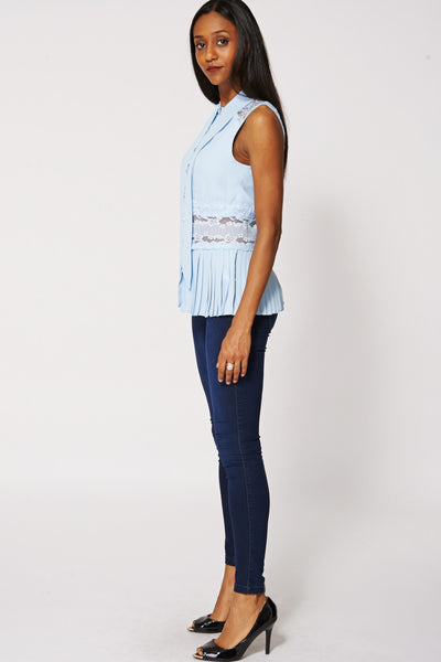 Blue Pleated Blouse with Lace Inserts