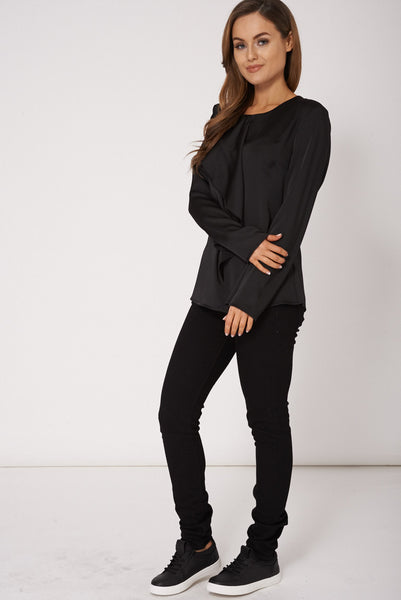 Black Long Sleeve Sheer Blouse With Detailed Front Panel