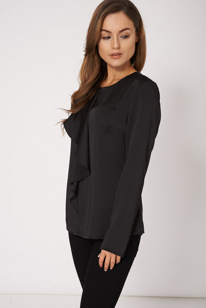 Black Long Sleeve Sheer Blouse With Detailed Front Panel