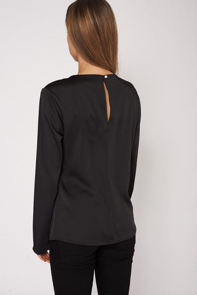 Black Long Sleeve Sheer Blouse With Detailed Front Panel