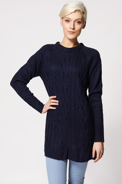 Mixed Cable Knit Dress In Navy