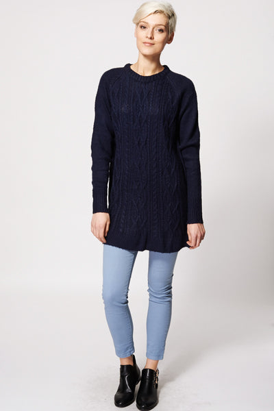 Mixed Cable Knit Dress In Navy