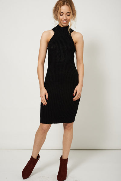 Black Knitted High Collar Sweater Dress