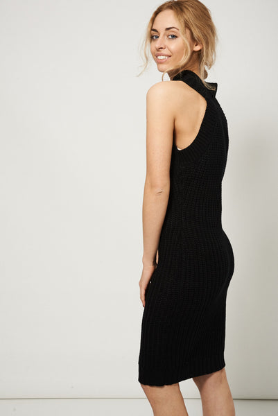 Black Knitted High Collar Sweater Dress