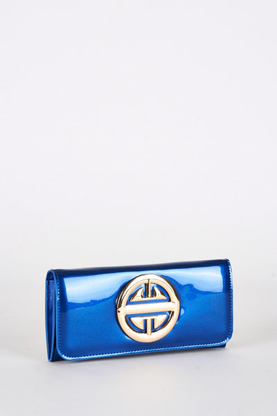 Patent Royal Blue Flap Purse with Motif