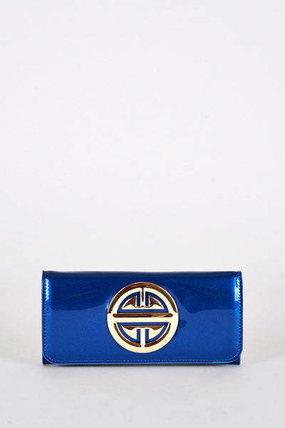 Patent Royal Blue Flap Purse with Motif