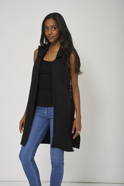 Black Textured Material Open long Cardigan With Belt