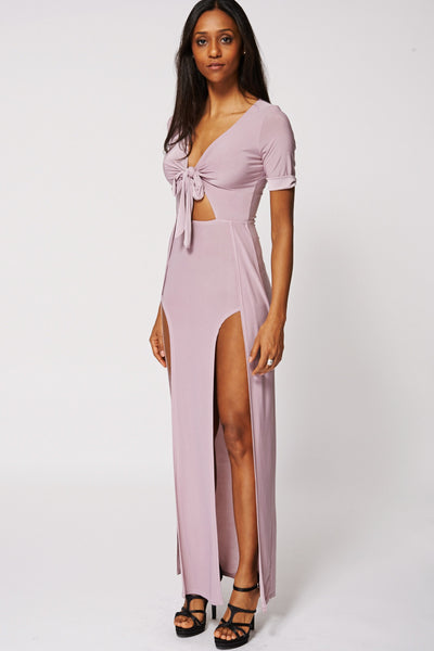 Plunge Tie Front Slinky Maxi Dress