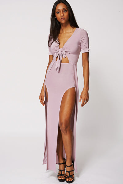 Plunge Tie Front Slinky Maxi Dress