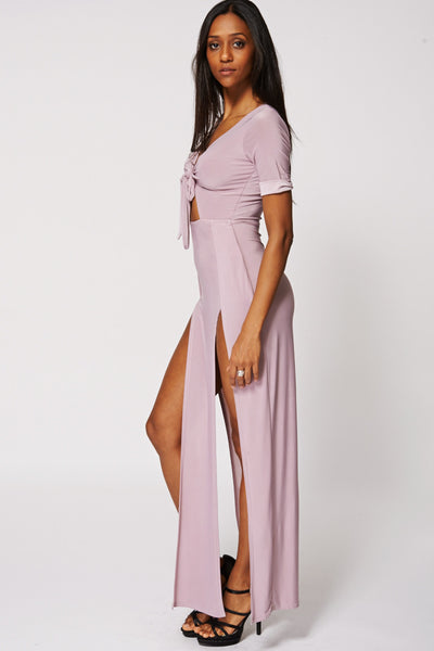 Plunge Tie Front Slinky Maxi Dress