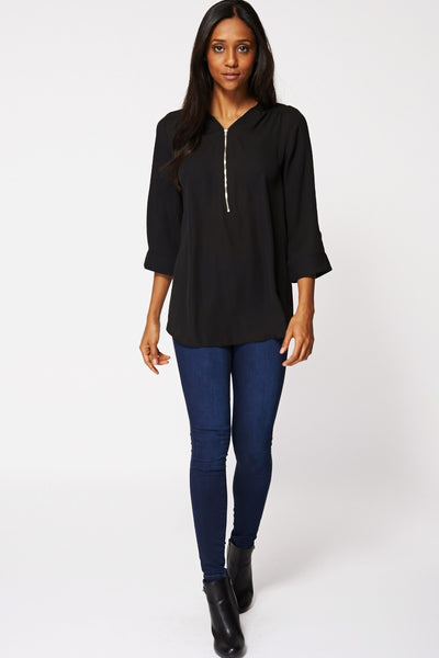 Black Sheer Zip Neck Blouse Ex-Branded