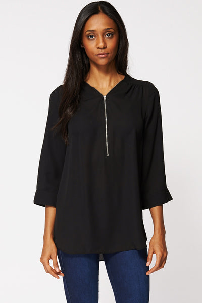 Black Sheer Zip Neck Blouse Ex-Branded