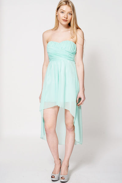 Pleated Top Dipped Hem Strapless Cocktail Dress