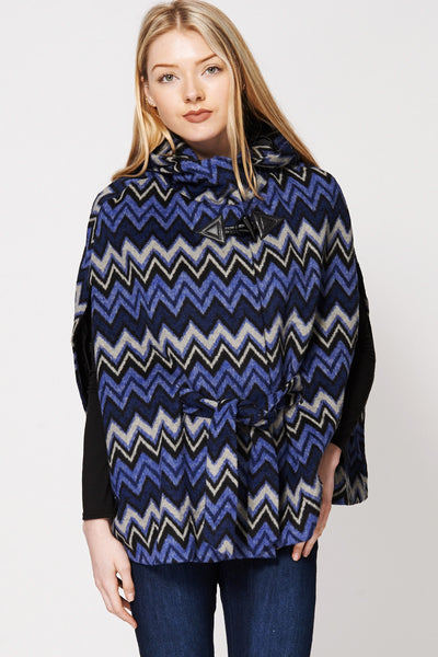 Batwing Zig Zag Print Cotton Blend Hooded Poncho Cape