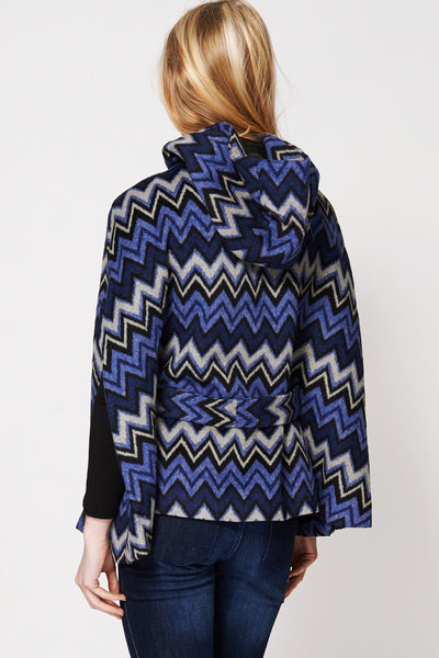 Batwing Zig Zag Print Cotton Blend Hooded Poncho Cape