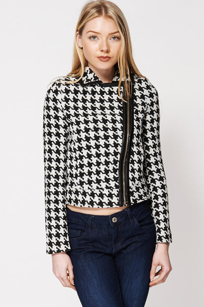 Houndstooth Leatherette Trim Biker Jacket