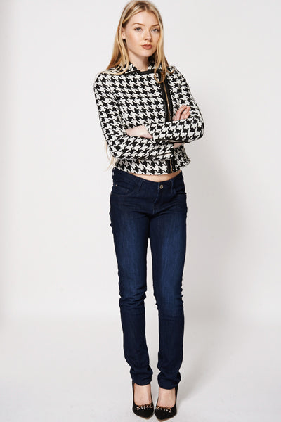 Houndstooth Leatherette Trim Biker Jacket