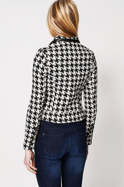 Houndstooth Leatherette Trim Biker Jacket