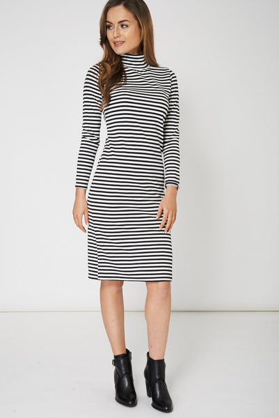 Black And White Striped High Neck Bodycon Dress