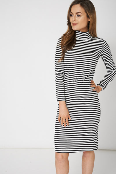 Black And White Striped High Neck Bodycon Dress