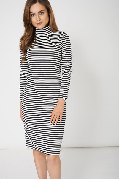 Black And White Striped High Neck Bodycon Dress