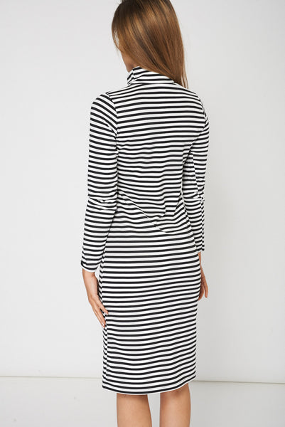 Black And White Striped High Neck Bodycon Dress