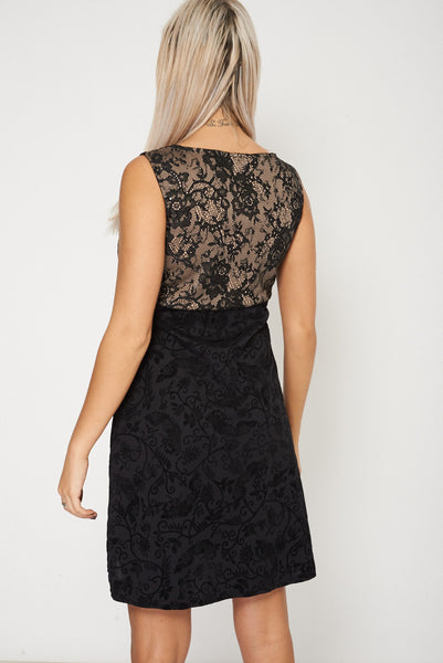 Textured Sleeveless Plunge Dress With Lace And Sequin Details