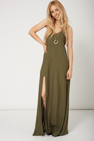 Military Colour Maxi Dress With Side Split