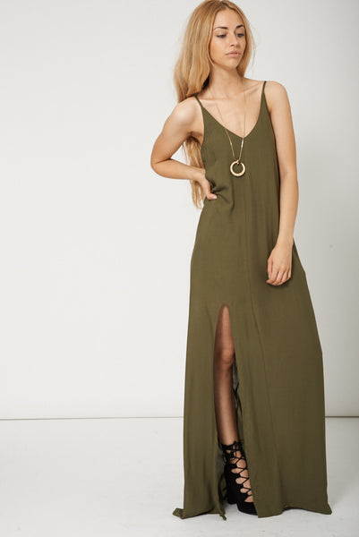 Military Colour Maxi Dress With Side Split