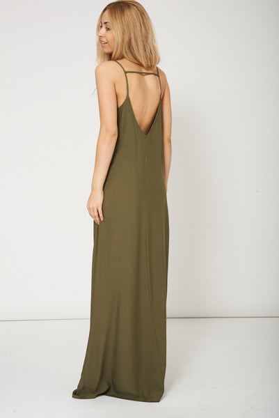 Military Colour Maxi Dress With Side Split